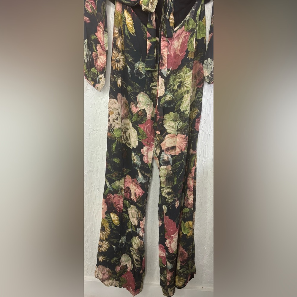 Reformation Floral tie front/ v-neck wide leg jumpsuit Black Size 4 - Picture 6 of 12